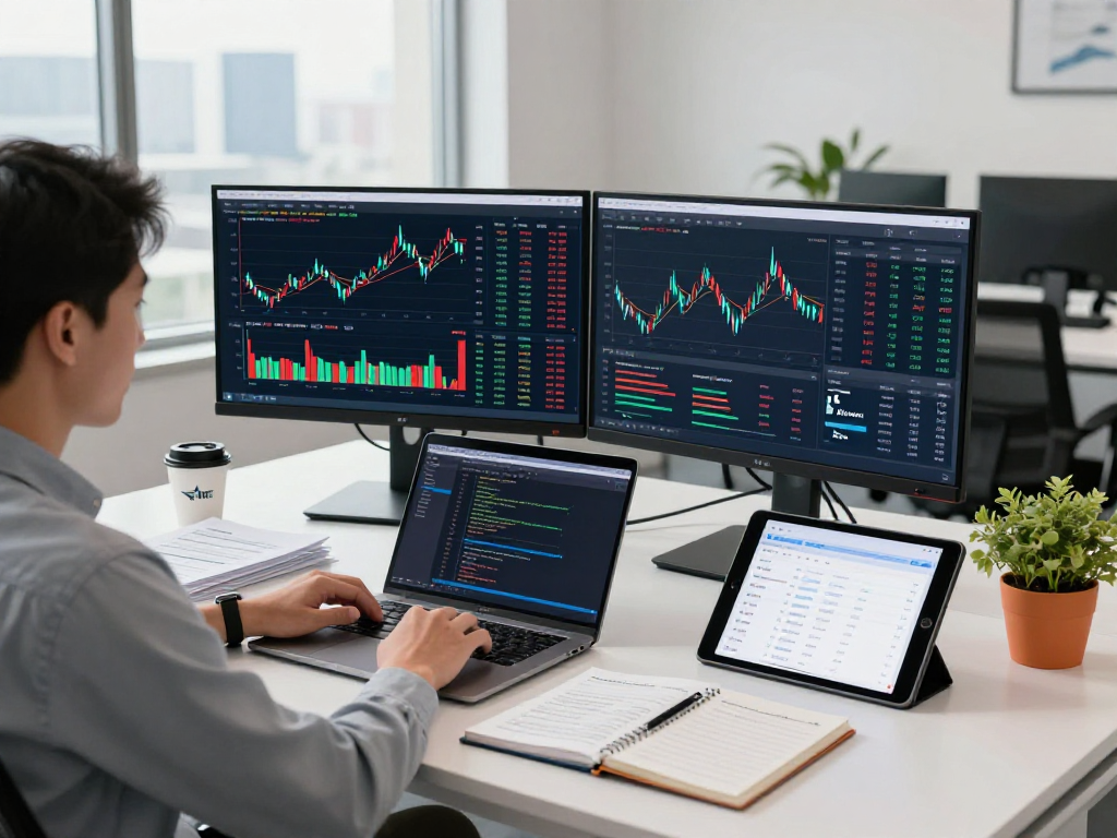 Real-time European blue chip stock API integration in a dynamic fintech office.