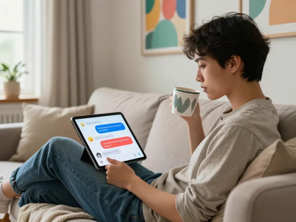 User engaging with a spicychat AI chatbot on a tablet in a cozy living room.