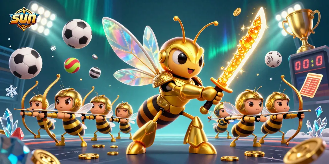 Play exciting games at Sun Casino with a golden hornet and bee archers amidst vibrant sports elements.