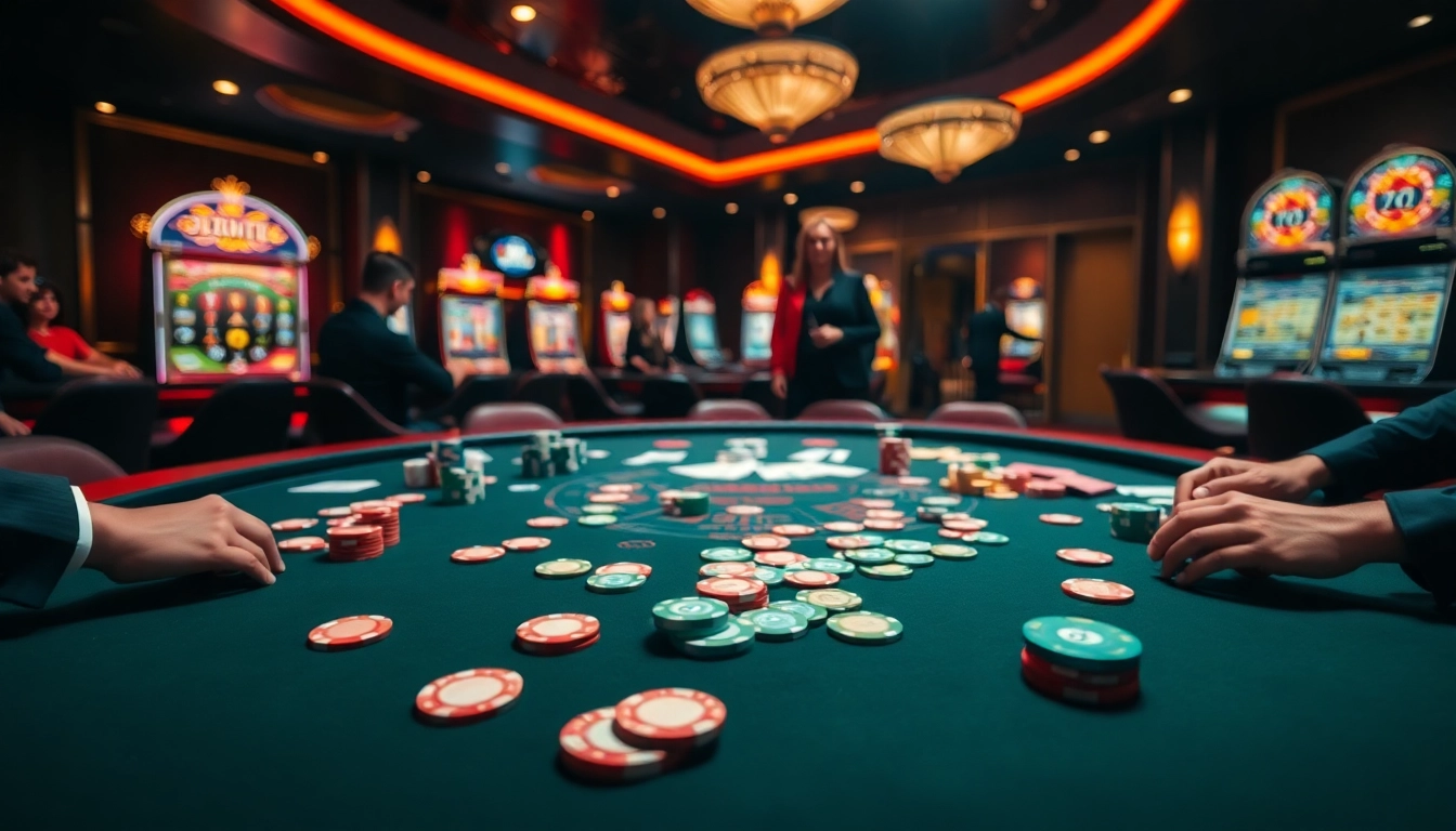 Situs toto menawarkan pengalaman kasino yang menegangkan dengan pemain dan chip berwarna-warni.