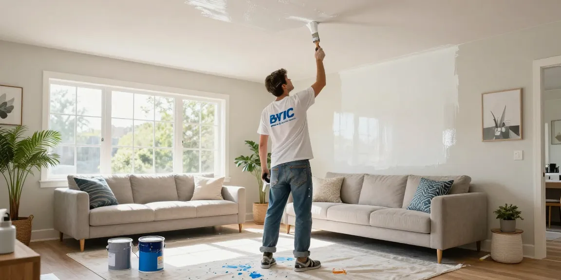 Interior painters Sarasota FL refreshing a bright living room with high ceilings.