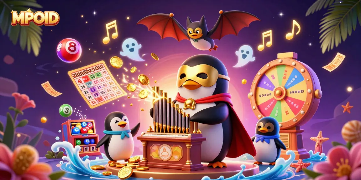 MPOID engages players with an energetic scene of a phantom opera penguin and golden musical notes amidst vibrant casino elements.