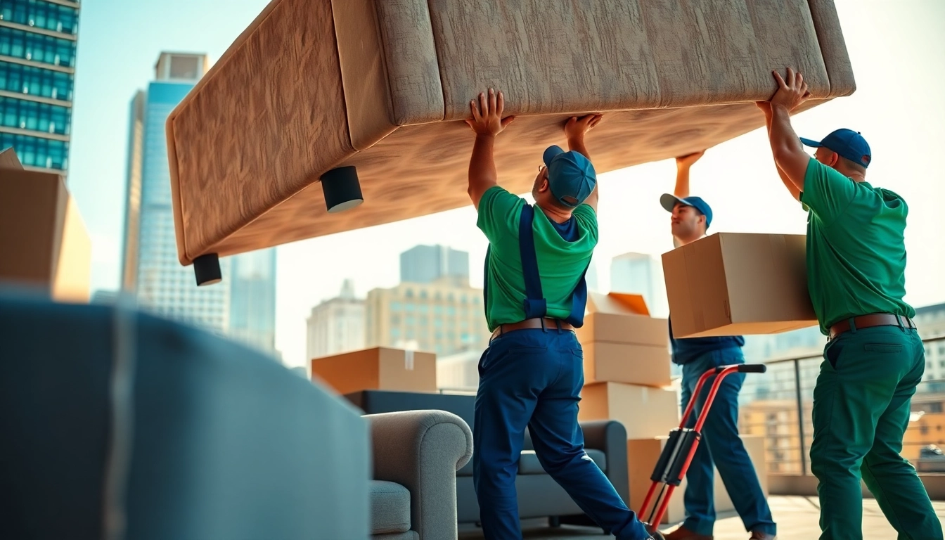 Movers collaborating to lift a sofa against a bright urban skyline, illustrating teamwork in relocation.