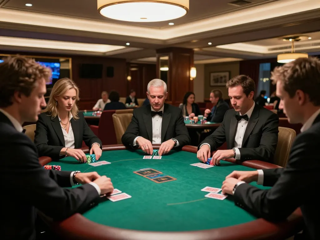 Players strategizing at a VIP poker table in a luxury casino focused on tr88 gameplay excitement, with chips and cards visible