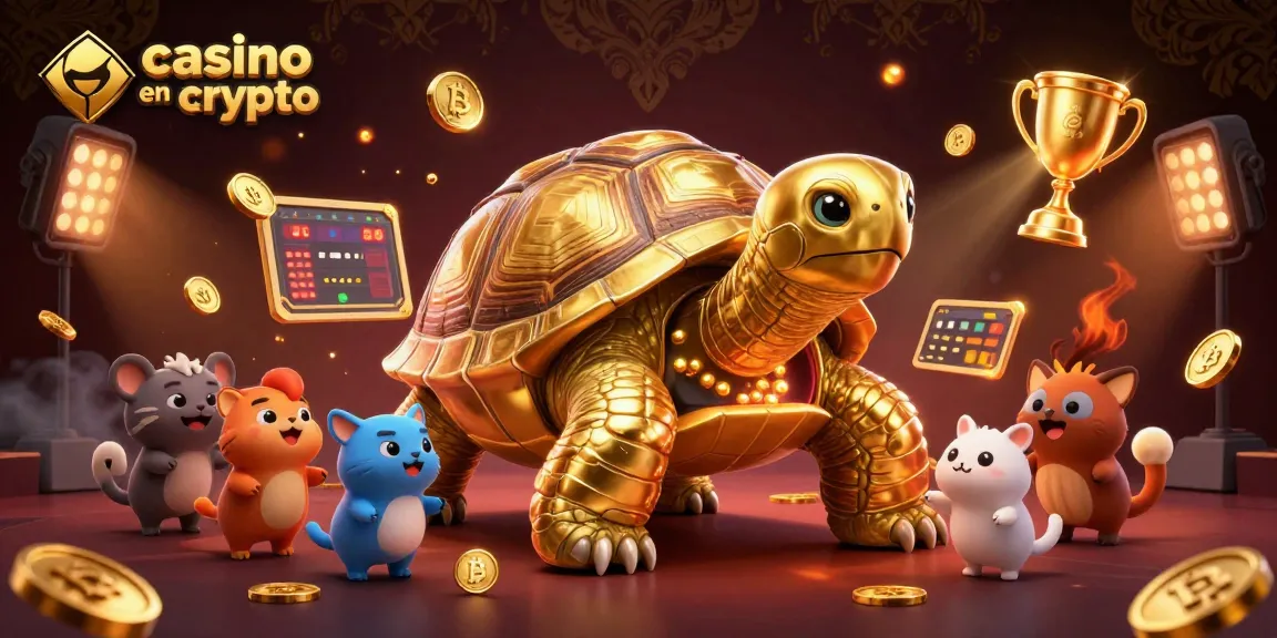 Un jeu dynamique sur un casino en crypto avec une tortue géante, des animaux joueurs, des éléments de blockchain et des pièces d'or.