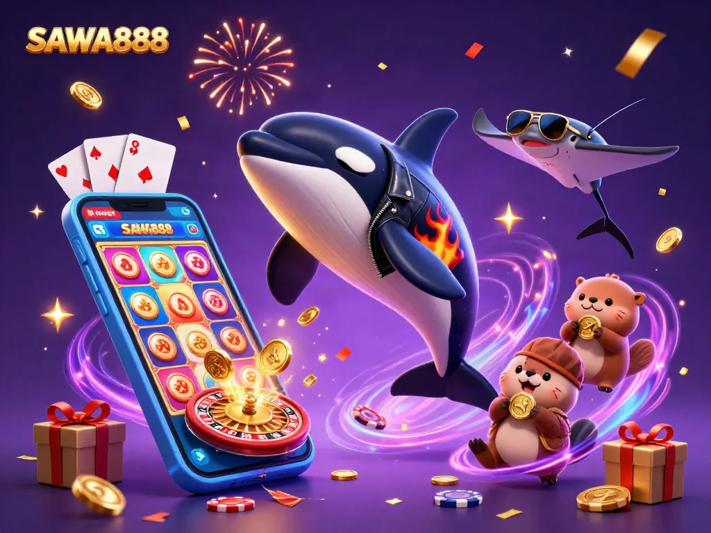 Experience the excitement of winning at SAWA888 casino with lively characters and vibrant game elements.
