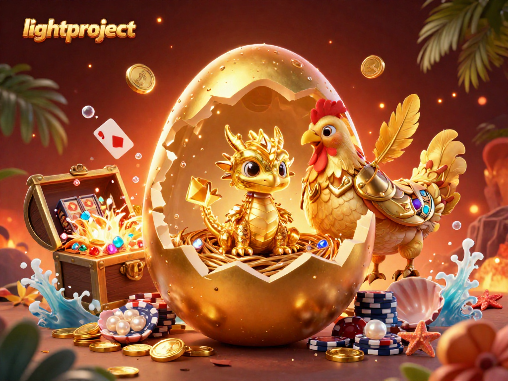 Experience excitement with lightproject's golden dragon atop poker chips, surrounded by casino treasures.