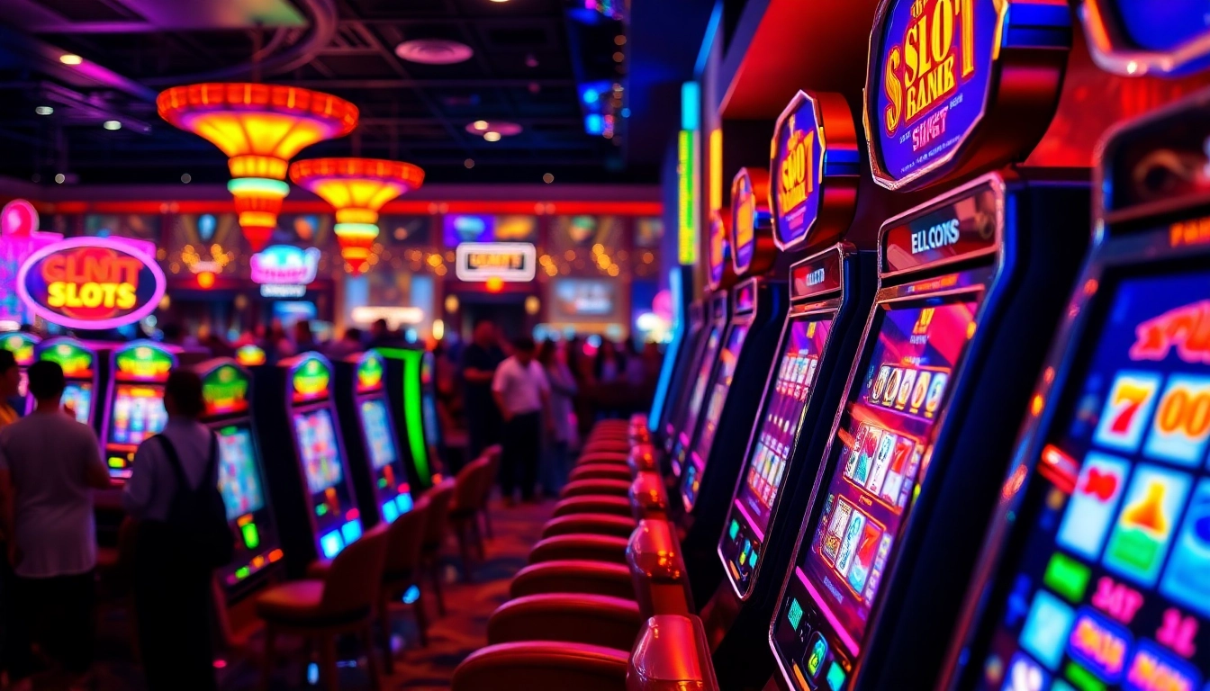 Experience the thrill of slot777 with vibrant gaming machines and excited players.