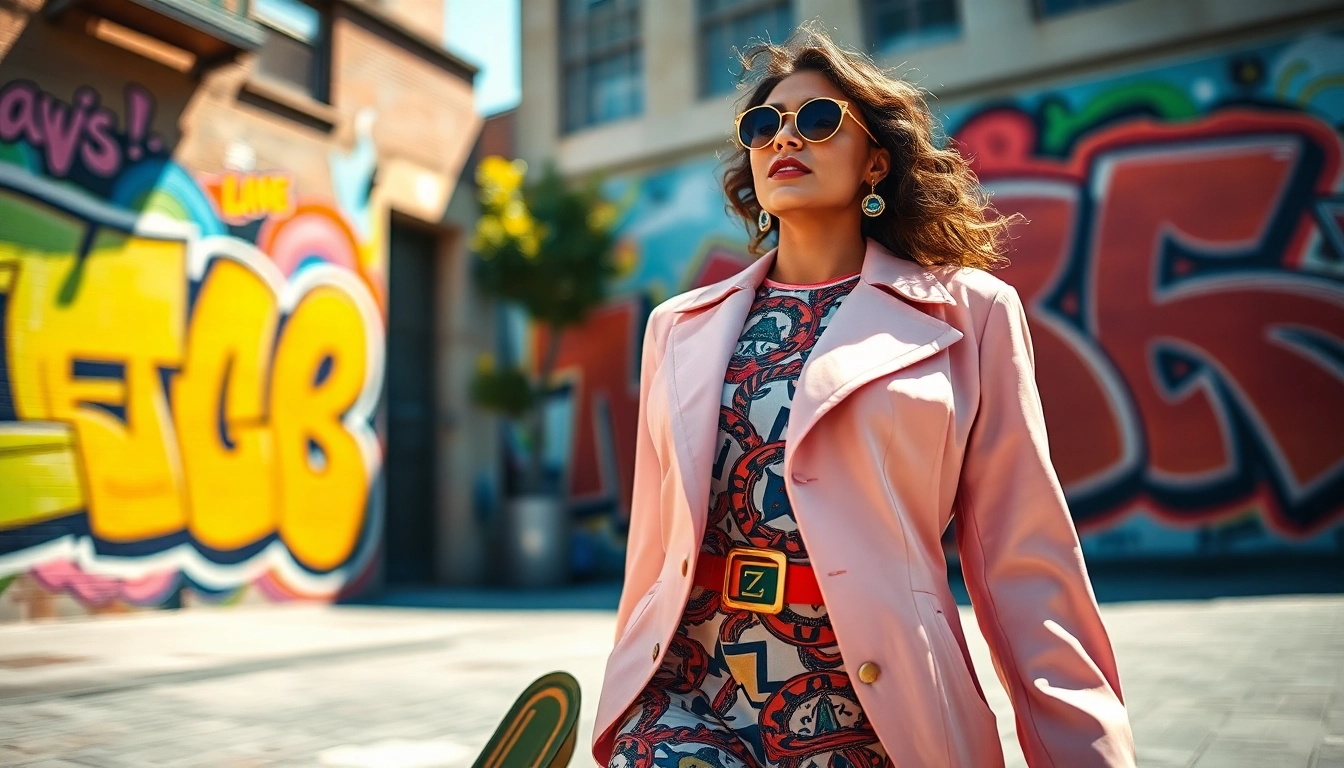 Fashionable woman showcasing her outfit in an urban setting with vibrant colors.