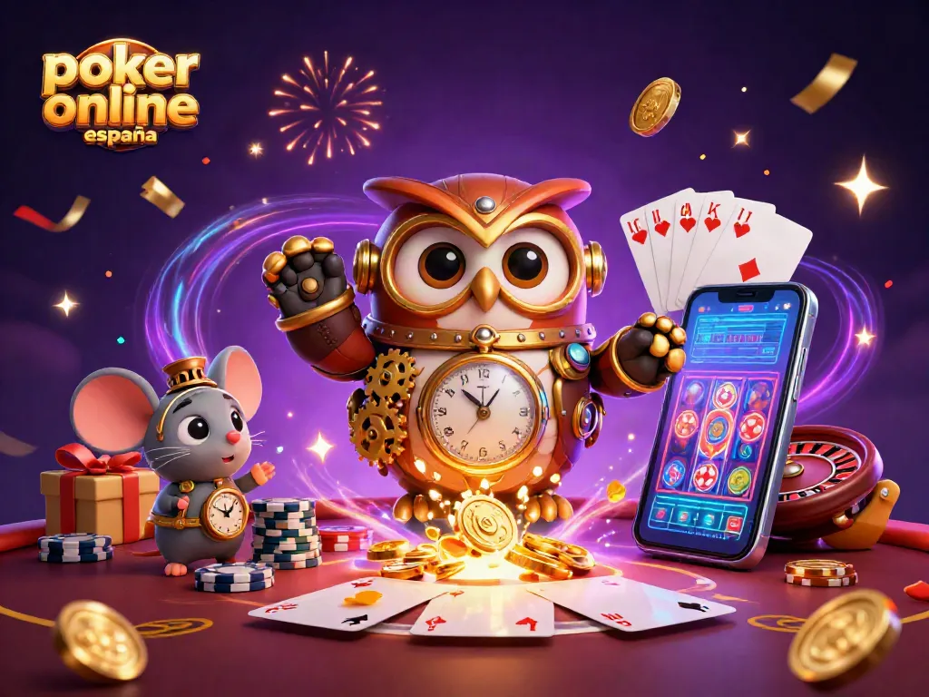 Poker online España: Disfruta de una emocionante escena de póker con cartas, fichas y un casino vibrante.