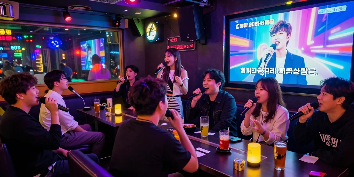 Experience nightlife at https://www.magic4karaoke.com/ with friends enjoying singing and drinks at a vibrant Jeju karaoke bar.