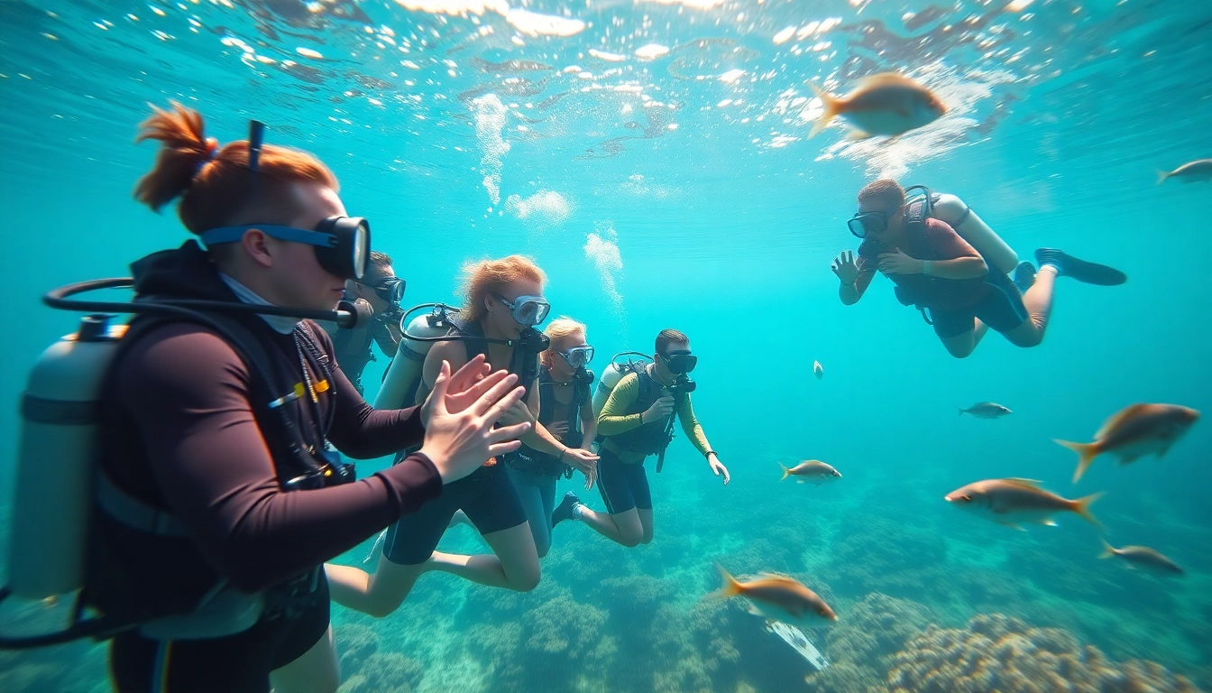Tauch Ausbildung mit professionellem Taucher und Schülern in klarem Wasser