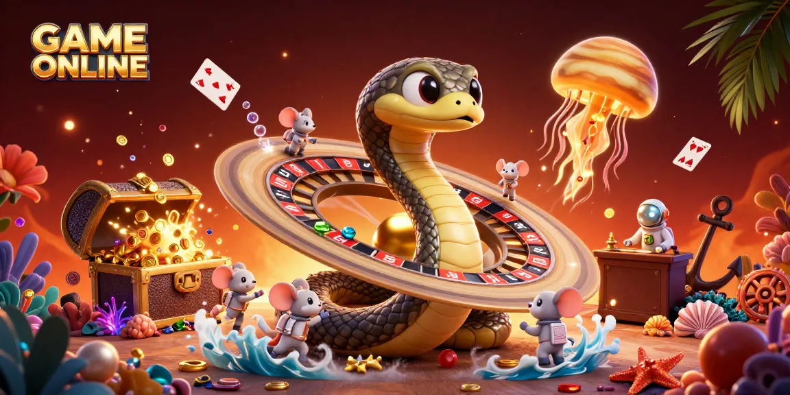 Engage in GAME ONLINE action with astronaut mice betting on the roulette rings of a cosmic snake and golden jellyfish dealer.