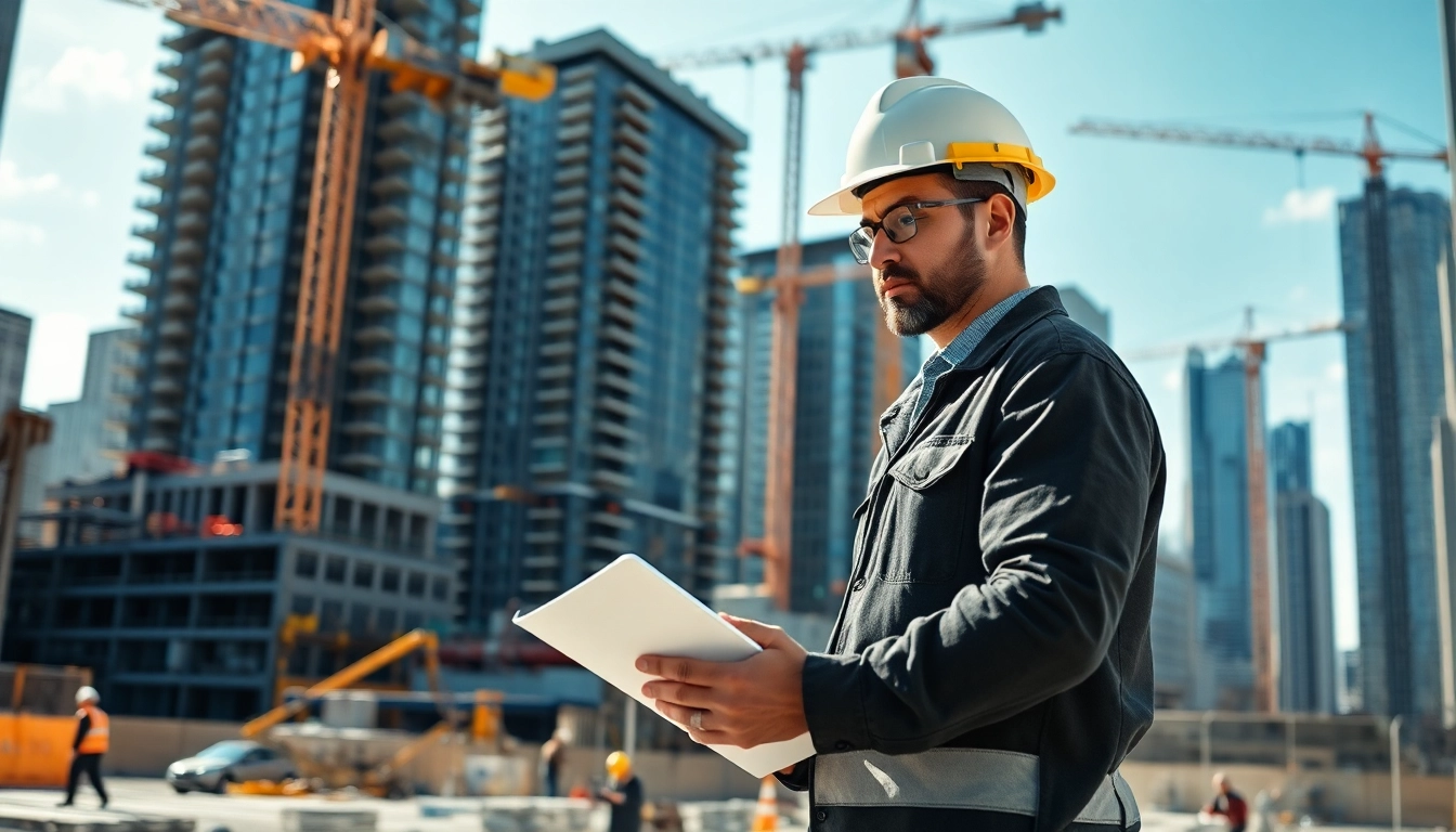 New York City Construction Manager examining plans at a vibrant urban construction site.