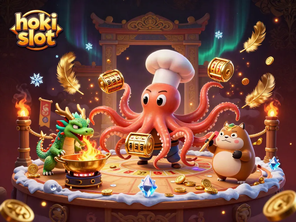 Engage with hoki slot as a vibrant illustration showcases a sushi chef octopus, dragon, and tanuki in a dynamic casino scene.
