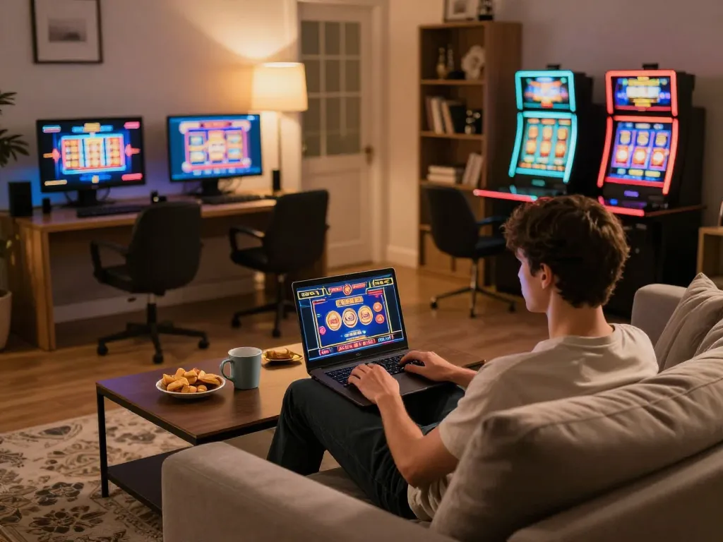 Player enjoying nohu online casino games on a laptop in a cozy home setting.