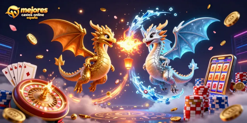 Animación de los mejores casinos online España con dragones y elementos de juego como monedas y ruletas.