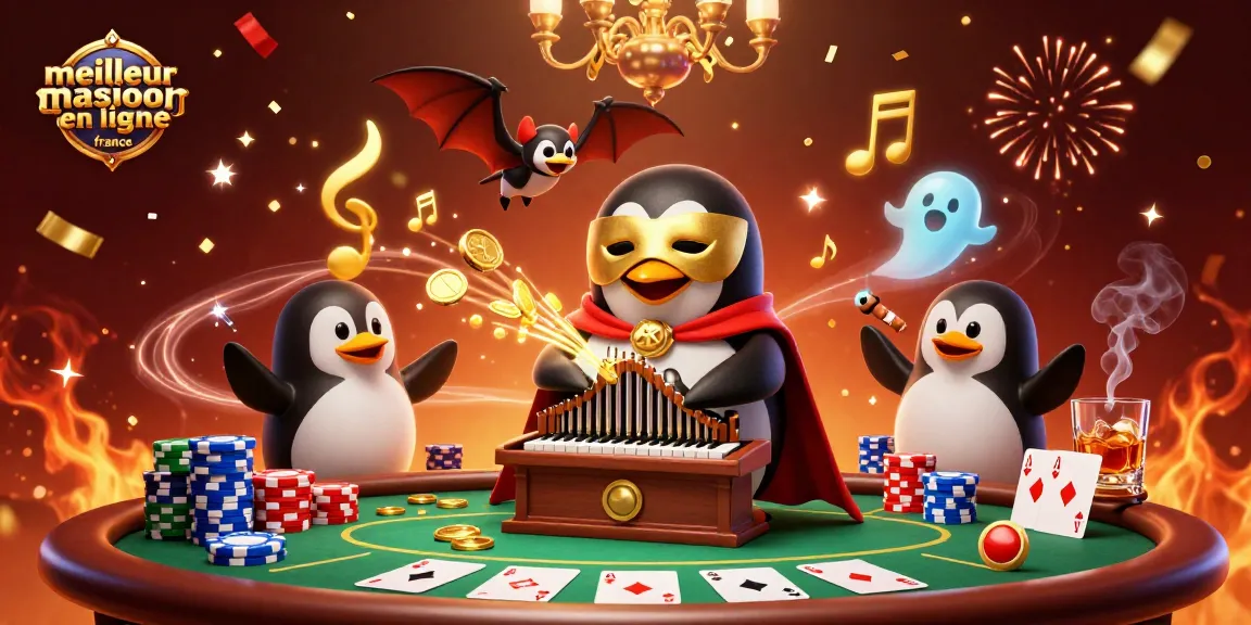 Image d'une scène de casino animée avec un pingouin jouant un orgue à pièces, représentant le meilleur casino en ligne France.