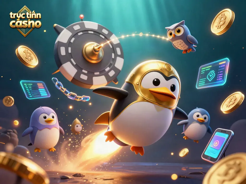 Khám phá thế giới trực tuyến casino với hình ảnh một chú penguin vàng lái tên lửa, rơi vàng và chip poker khổng lồ.