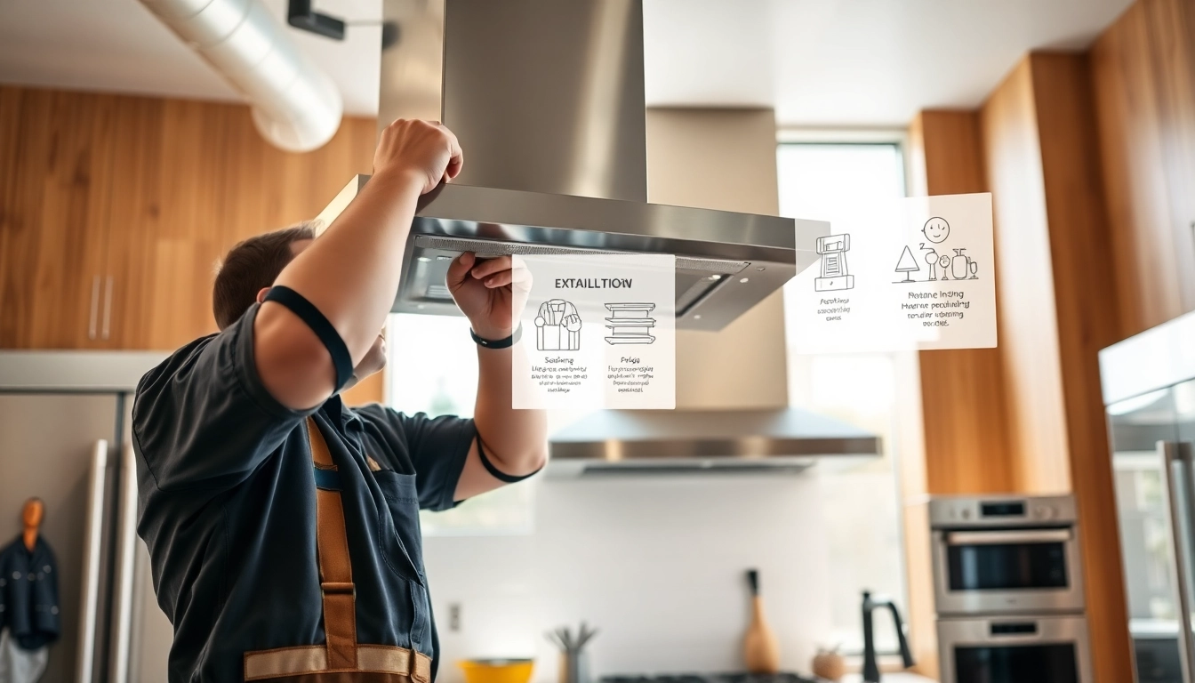 Installing exhaust hood installation in a modern kitchen with a technician at work.