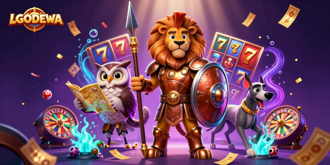 Experience high-stakes fun with LGODEWA's vibrant slot scene featuring golden jackpots and lively characters.