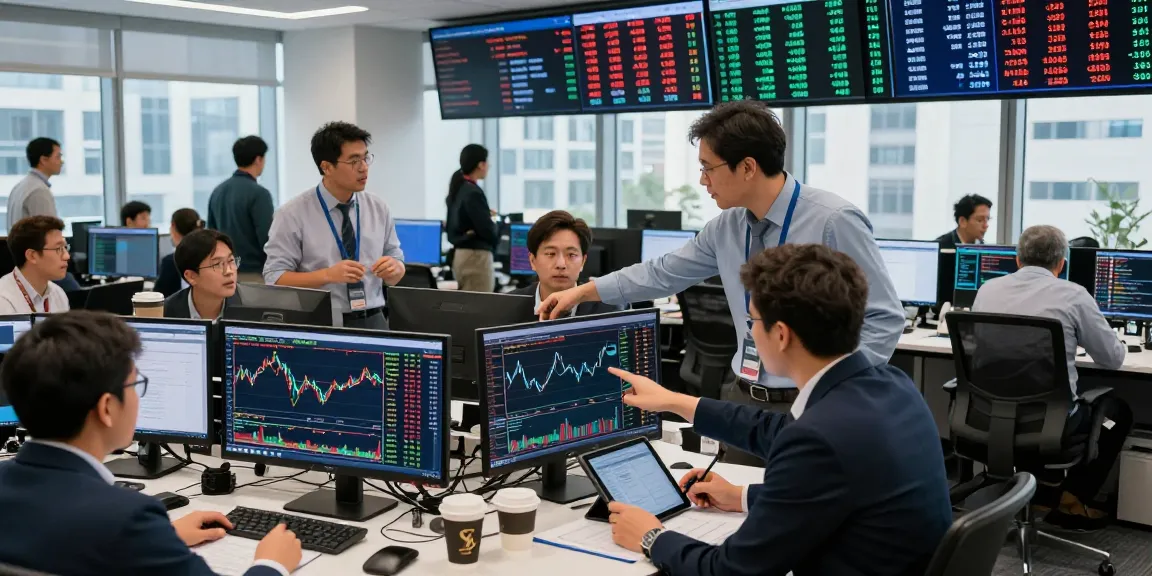Live forex charts displayed on multiple screens with analysts collaborating in a bustling trading room.