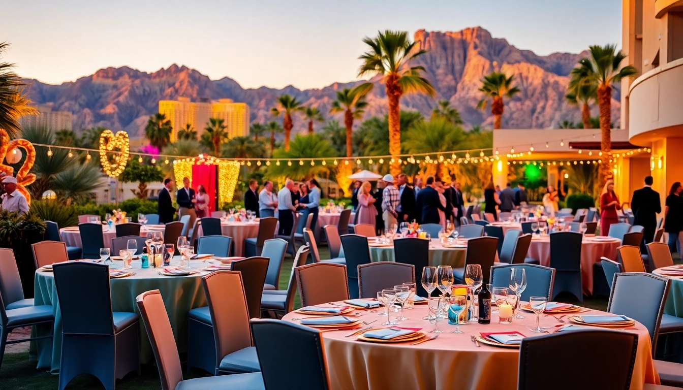 Stunning setup for Event Rentals Las Vegas featuring elegant chairs and tables in a vibrant outdoor venue.
