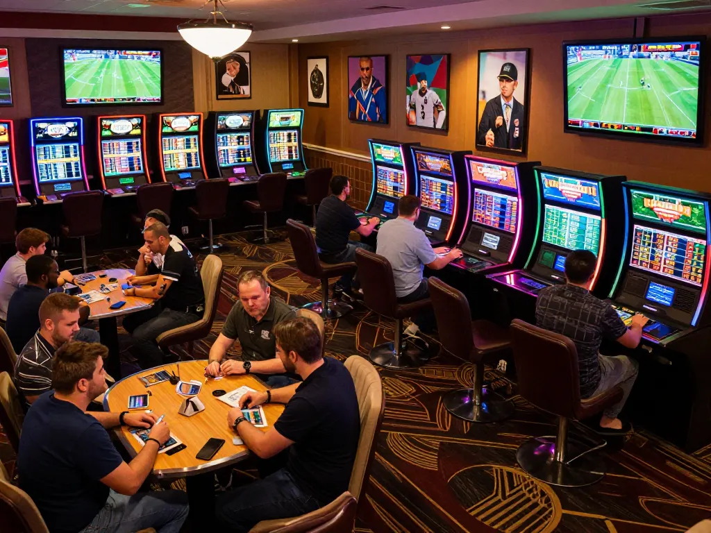 Engaging scene of bettors analyzing kèo nhà cái odds in an upscale casino's sports lounge.