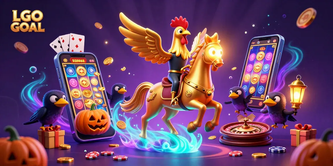 LGO GOAL showcases a golden rooster headless horseman amidst a vibrant casino, creating a whimsical gambling ambiance.