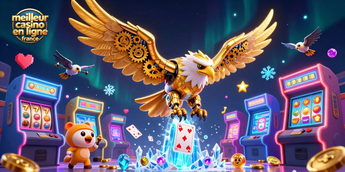 Illustration 3D dynamique représentant le meilleur casino en ligne France avec une aigle cybernétique.
