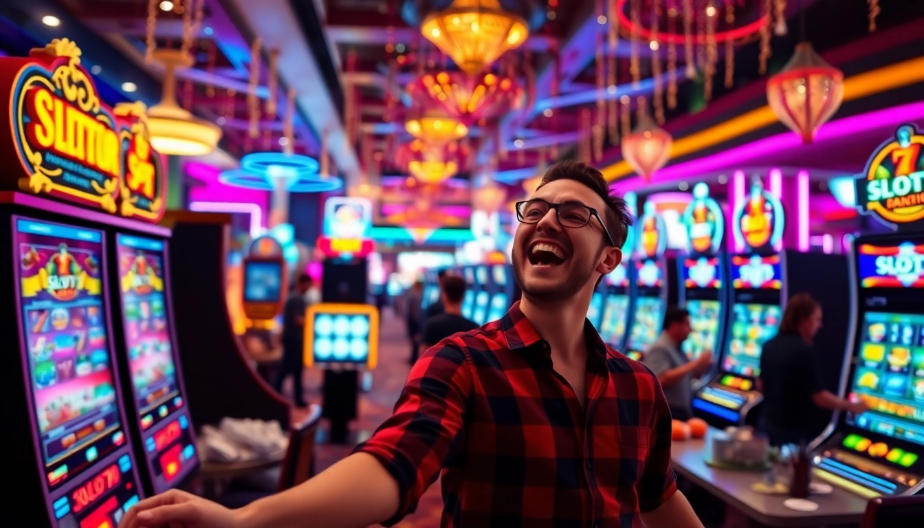 Menang besar di Slot77 dengan pemain yang excited di area kasino penuh warna.