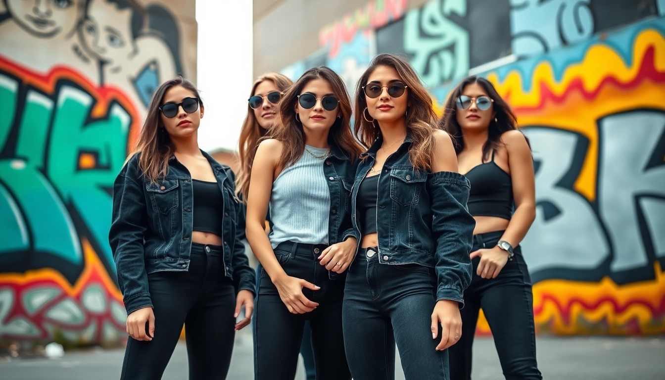 Stylish women wearing black jeans women against vibrant graffiti, showcasing trendy urban fashion.