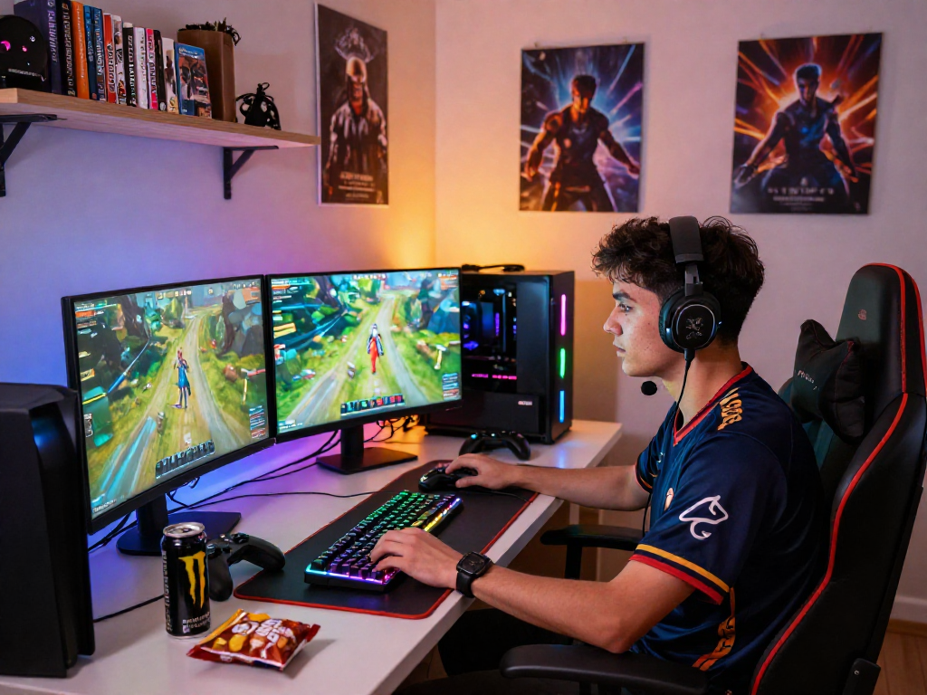 rokok88 gaming enthusiast enjoying immersive gameplay with vibrant setup.