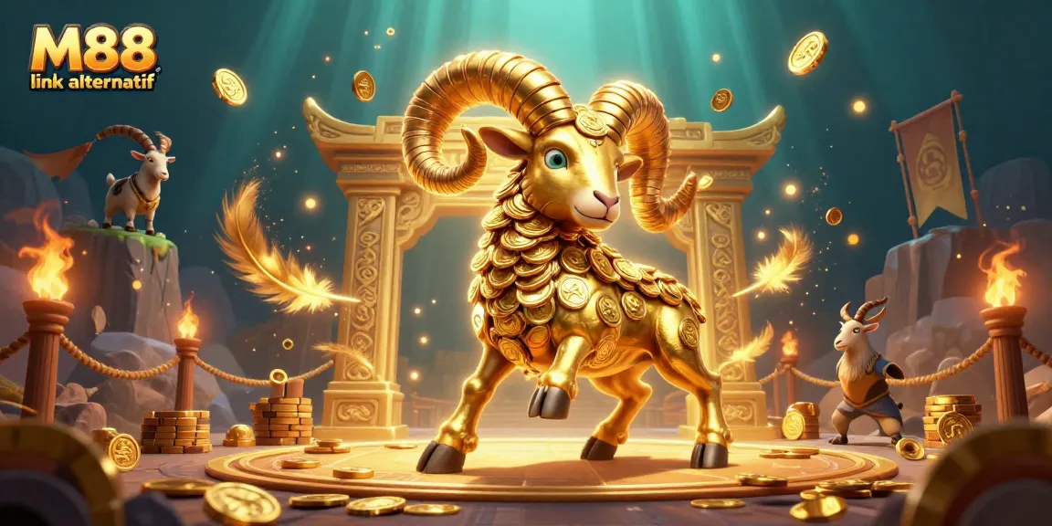 M88 link alternatif offers thrilling gambling action in a vibrant 3D illustration featuring a golden ram and a dynamic betting arena.