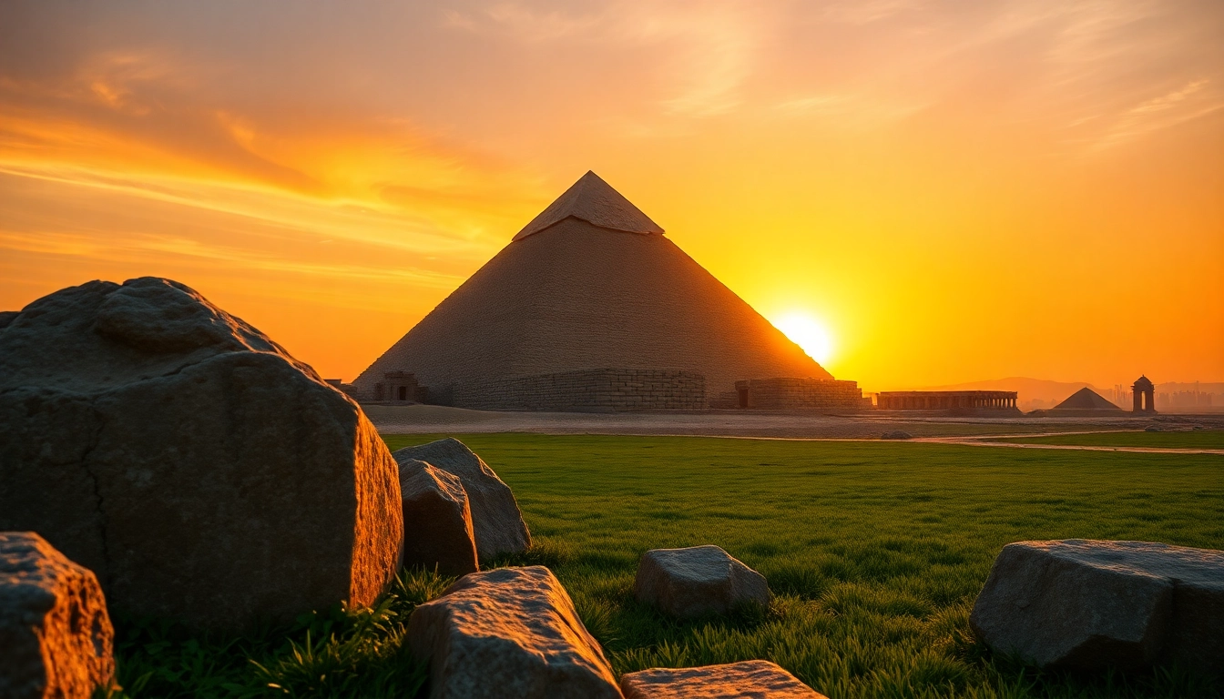 Experience the grandeur of the Great Pyramid of Giza amidst sunset, showcasing piraminds' majestic compositions.