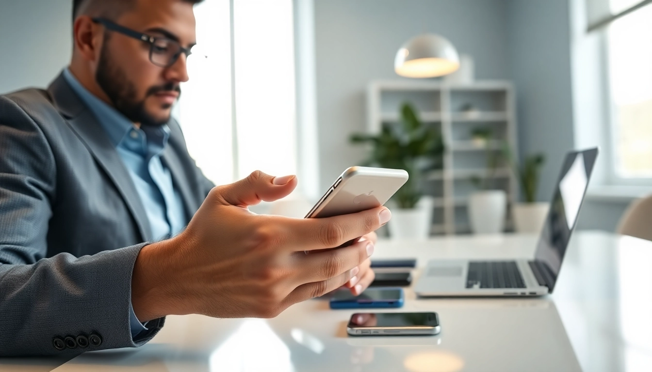 phone cash buyer evaluating smartphones in a bright office environment.