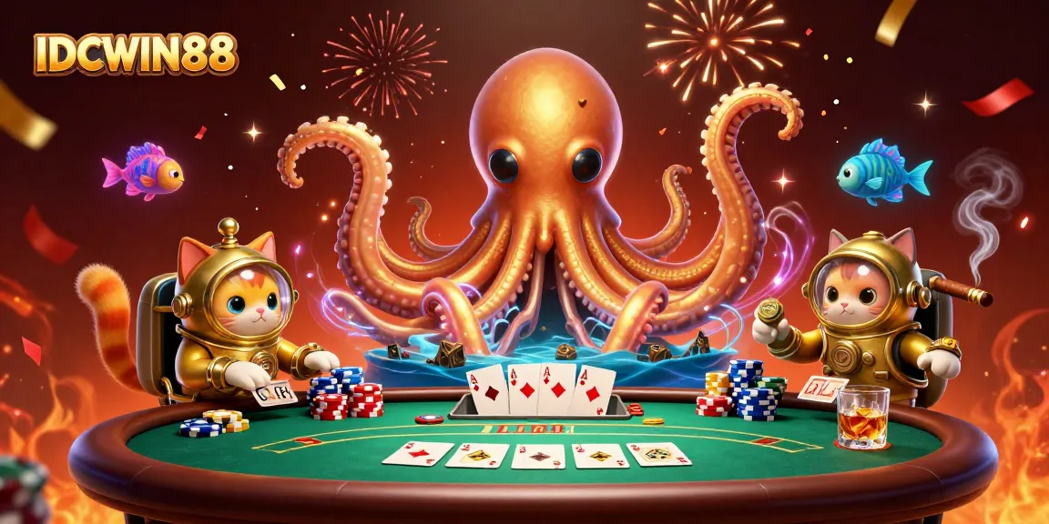 Experience exciting gameplay at IDCWIN88 with a massive poker scene featuring a dynamic kraken and diving cat.