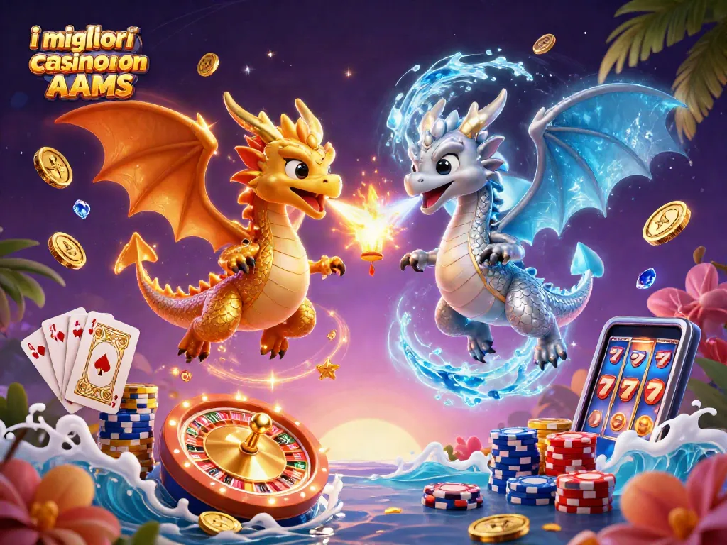 Scopri i migliori casino non AAMS con questa vibrante illustrazione di draghi e elementi di gioco.