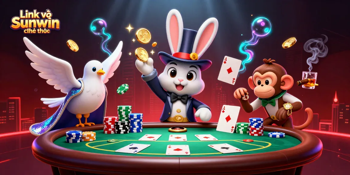 Engage with Link vào Sunwin chính thức in a lively poker scene featuring a magician and 3D characters.