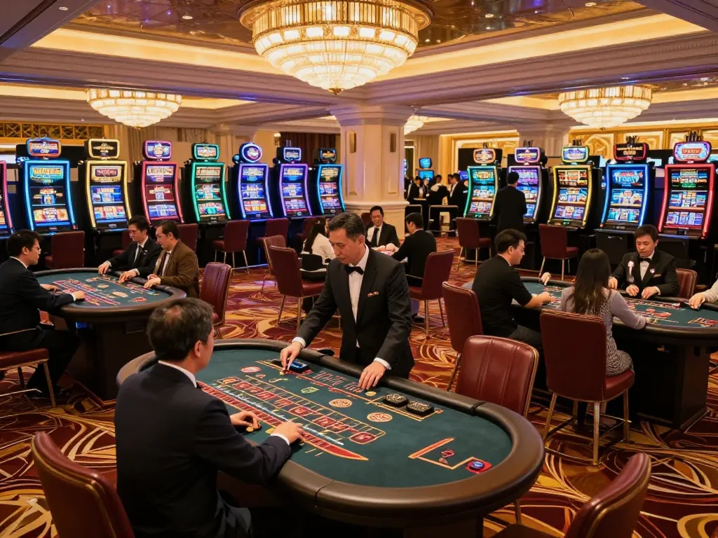 Kegembiraan permainan Toto Macau ditangkap di kasino yang ramai dengan pemain di meja yang berwarna-warni