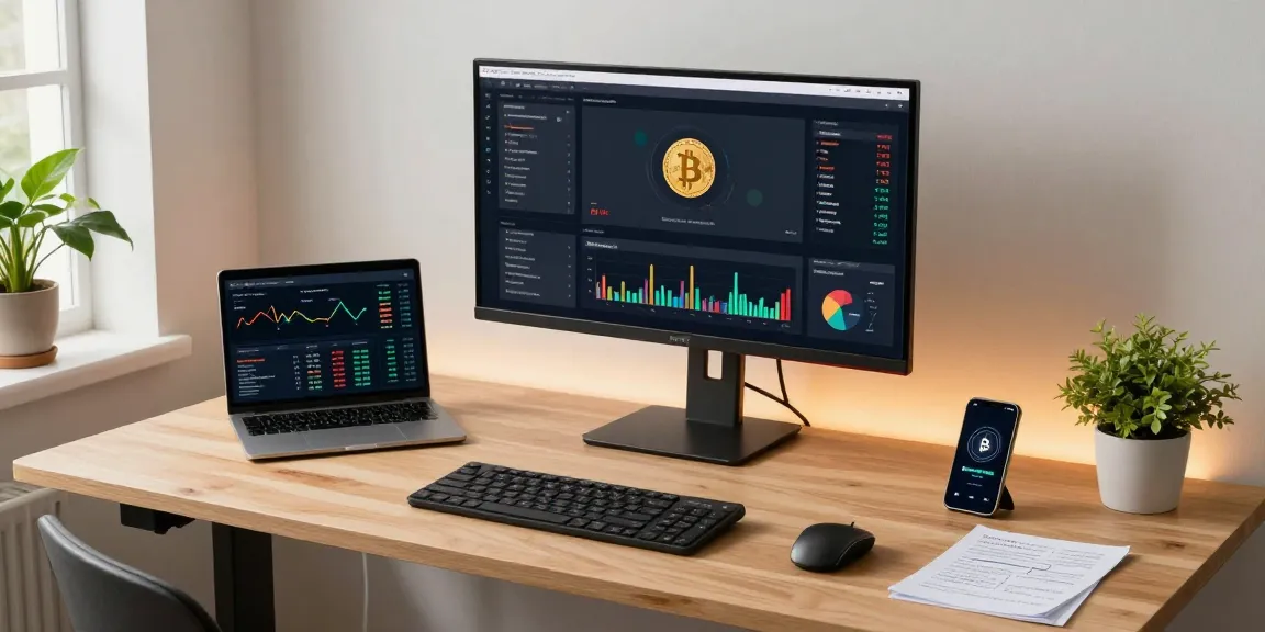 Bitcoin mining contract analysis in a modern crypto trading workspace with advanced technology interfaces.