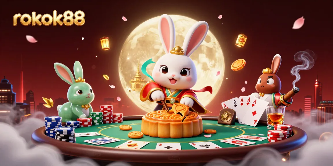 Play poker with rokok88 as a moon rabbit celebrates wins in a thrilling cosmic gaming scene.