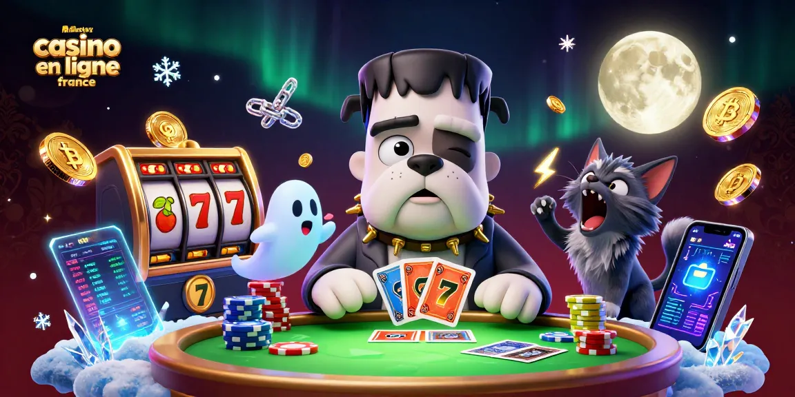 Jouez au meilleur casino en ligne France avec un bulldog Frankenstein, cartes, et jackpots autour