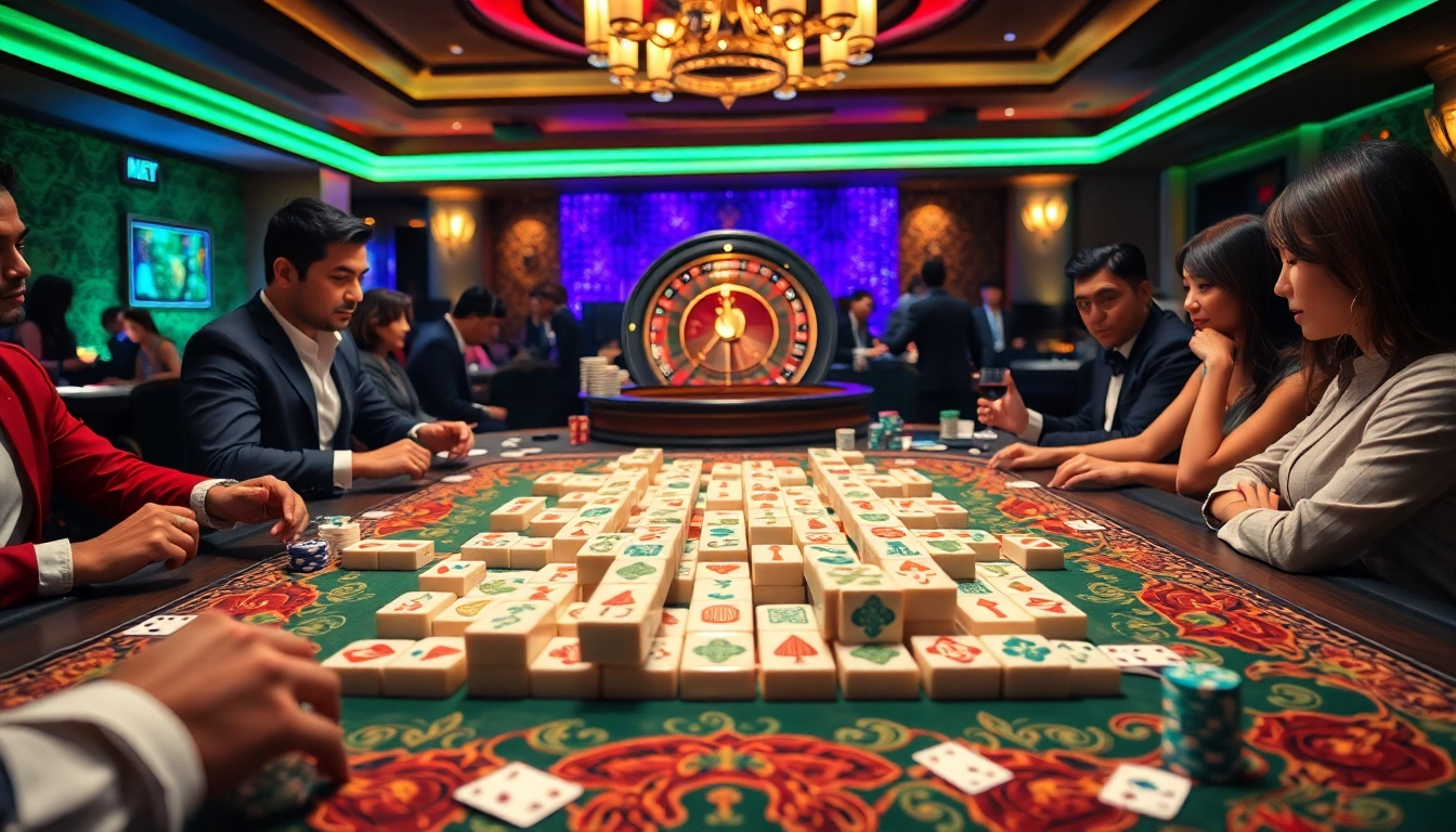 Engaging scene of link mahjong tiles on a luxurious casino gaming table with players and chips.