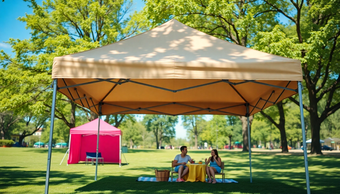 Set up a lively canopy tent for outdoor gatherings and picnics in a sunny park.