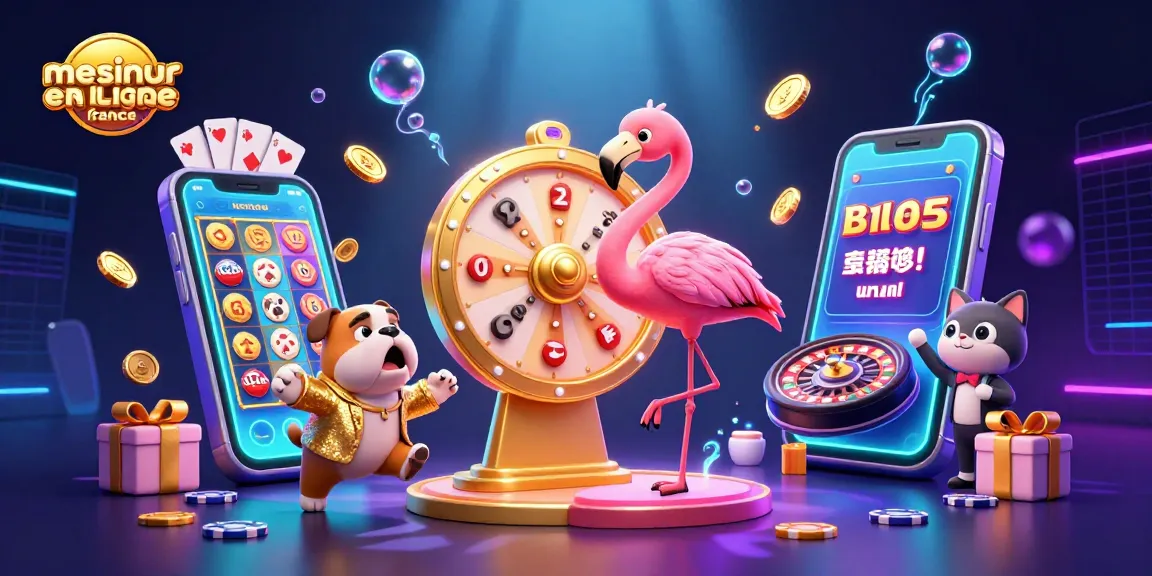 Visuel dynamique de meilleur casino en ligne france présentant un hôte de jeu, un bulldog et un chat avec des éléments de casino.