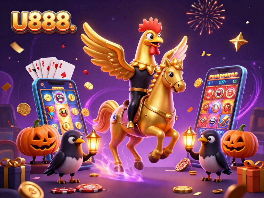 Engage in thrilling gaming adventures with U888., featuring a golden rooster and exciting casino elements