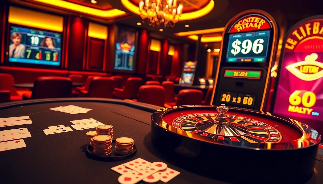Win big with scatter hitam symbols at an upscale casino featuring blackjack and roulette tables.