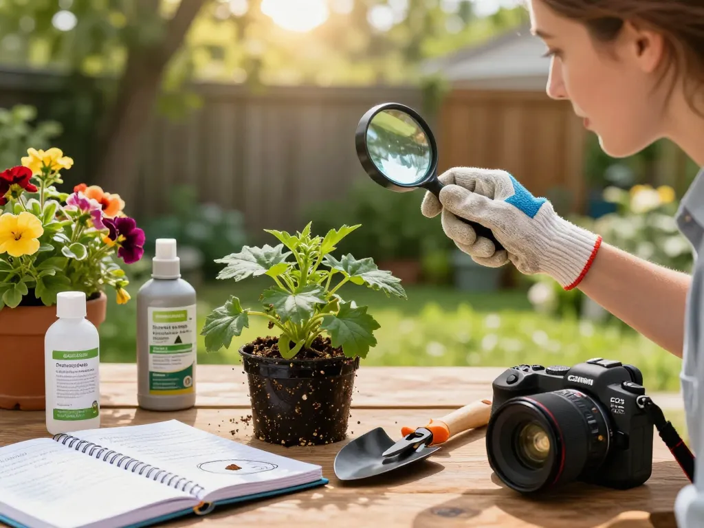 Pest control guide featuring a homeowner inspecting plants for pests in a vibrant garden.