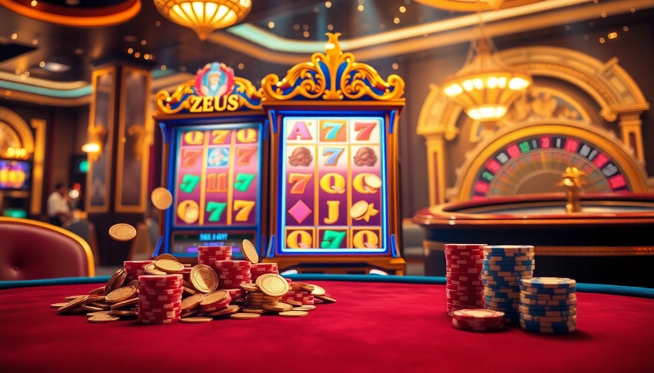 Experience an exciting zeus slot game with vibrant graphics, coins, and poker chips in a luxurious casino.